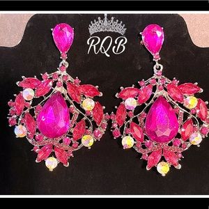Hot Pink and AB Crystal Pageant Earrings